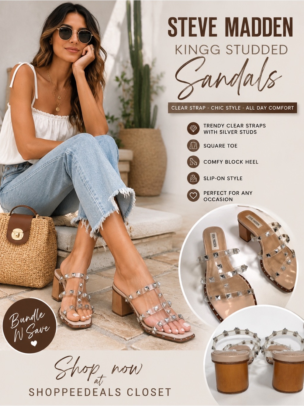 Steve Madden KINGG Studded Clear Strap Block Heel Sandals – Women’s 6.5M